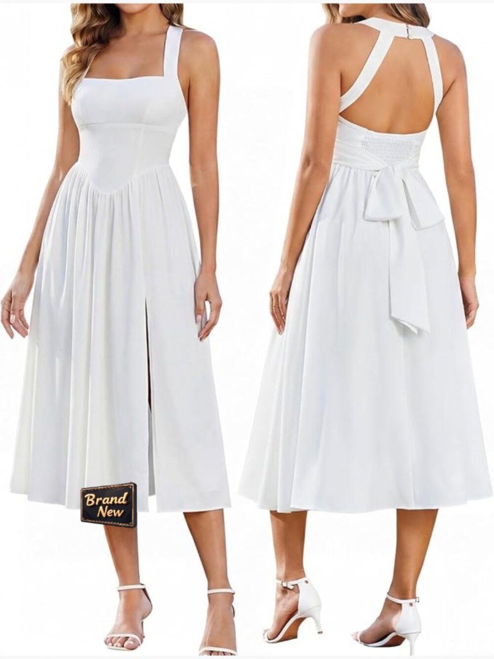 Wedding Guest Halter Midi Corset Flowy Bow Tie Split Dress Summer